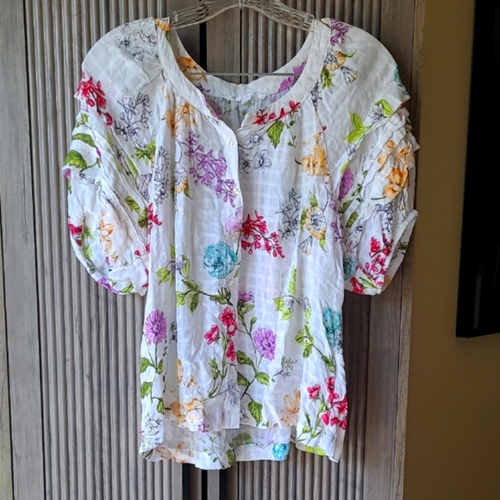 Jane and Delancey White Floral Puff Sleeve Cotton Blouse Lightweight Spring Top